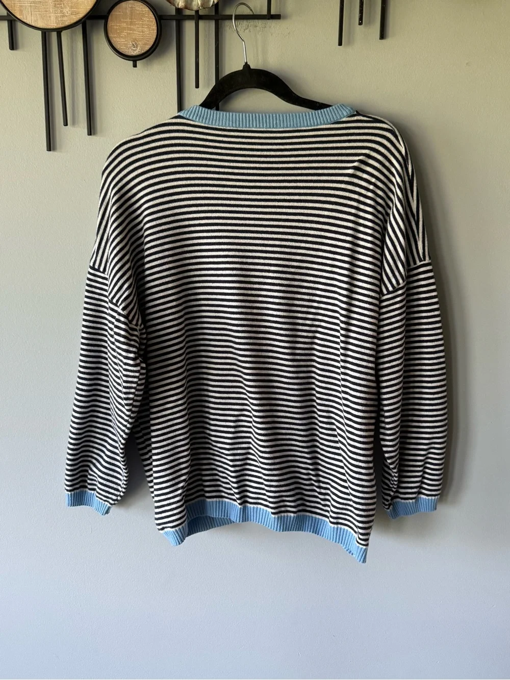 Striped Crewneck Sweater with Blue Trim
